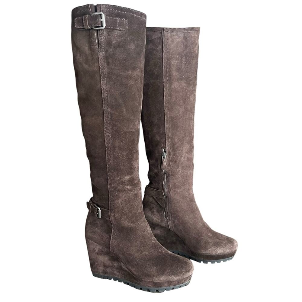 Prada Sport Women’s Y2K Vintage Brown Suede Buckle Wedge  Over The Knee Boots